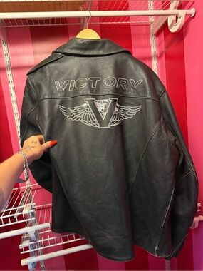 Victory Black Leather Bomber Jacket with Winged V Back Graphic